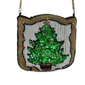 Vintage Beaded Green Sequin Christmas Tree Clutch Small